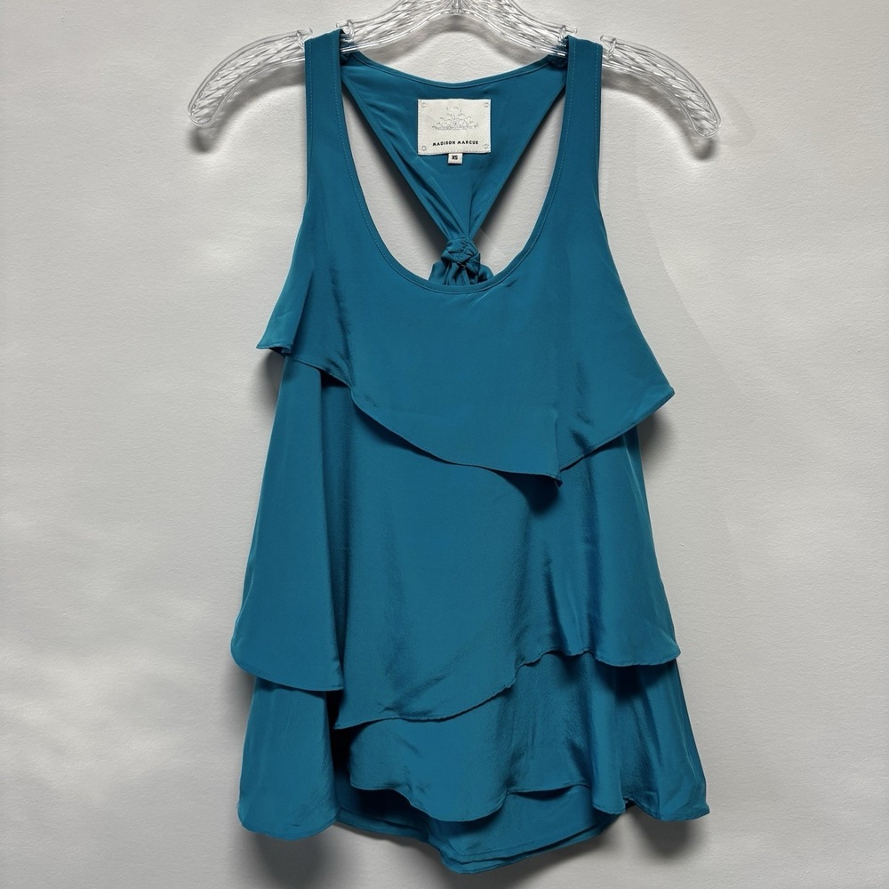 Madison‎ Marcus 100% Silk Top XS Blue Tiered Mini Racerback Scoop Neck Tie back